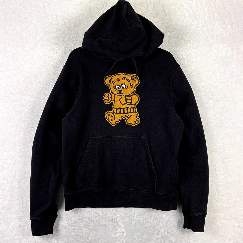 Sandro Hoodie Men M Black Embroidered Teddy Bear Patch Streetwear Luxury Hip Hop